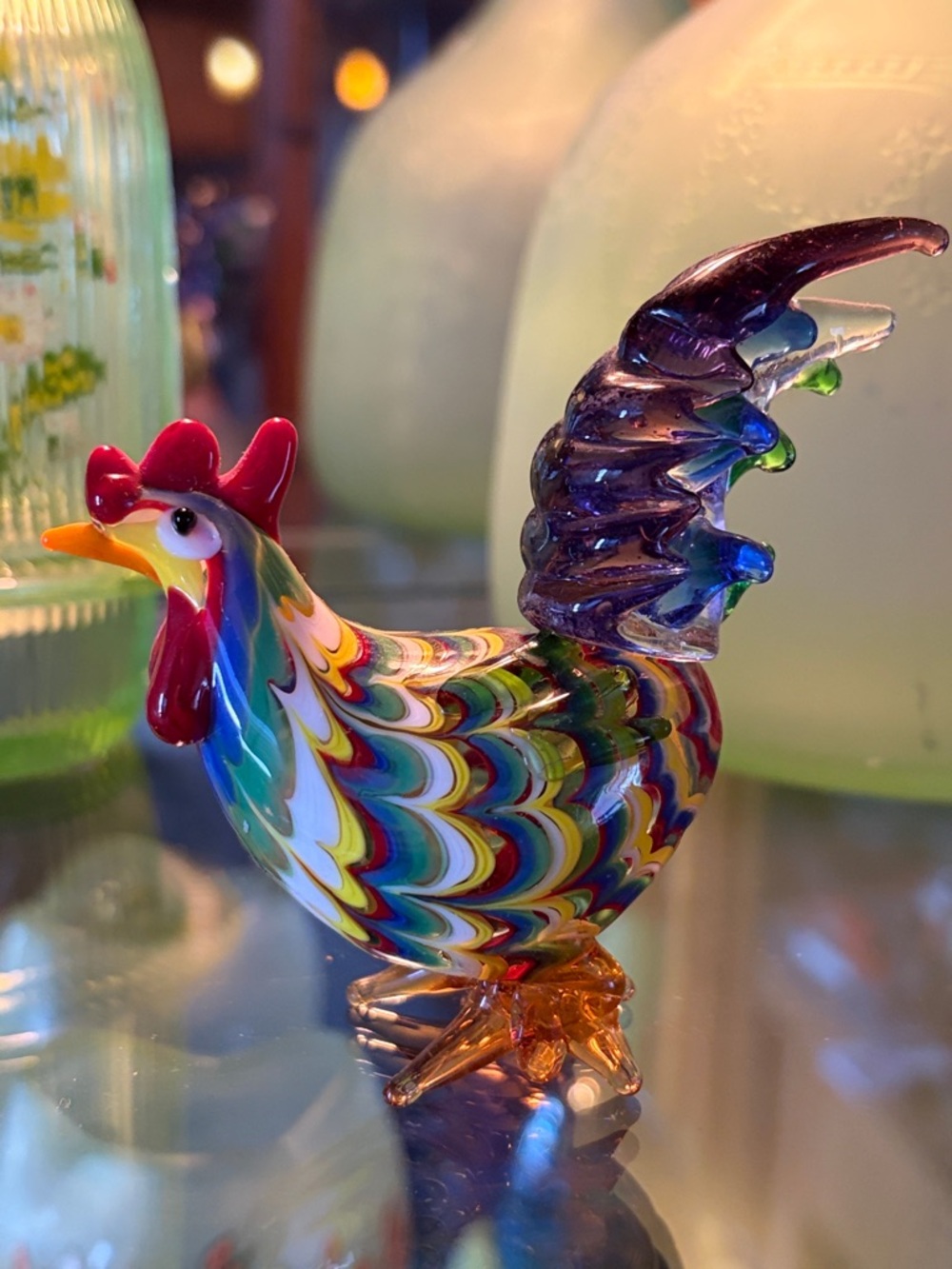 Fitz and Floyd Glass Menagerie Rooster Figurine colorful glass 🧡GLOWS🧡